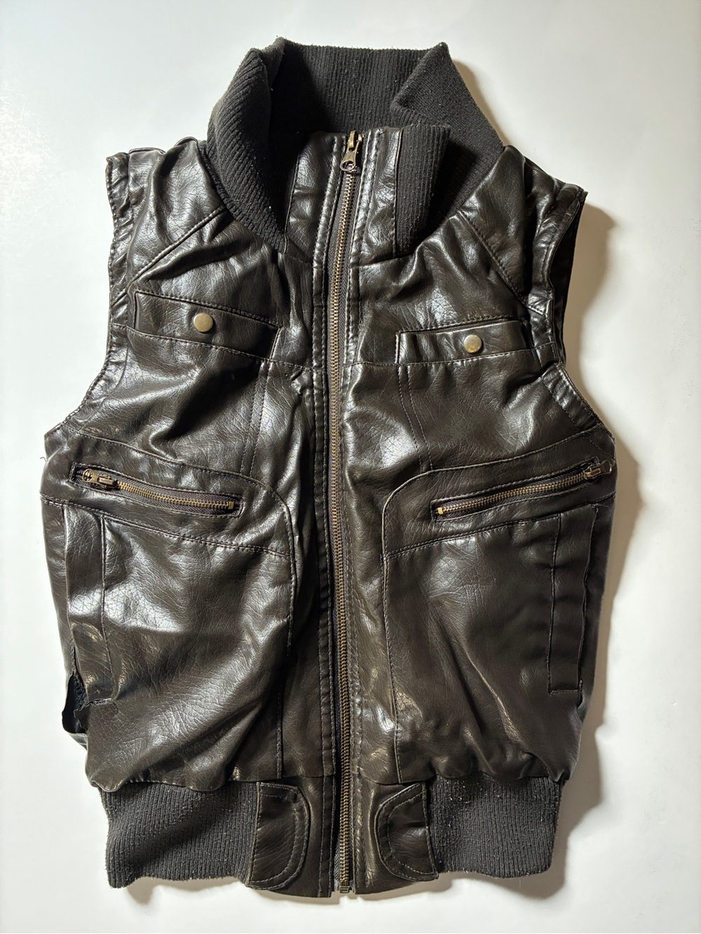 Paper Tee Dark Brown Faux Leather Bomber Vest Ribbed Knit Y2K Moto Style M